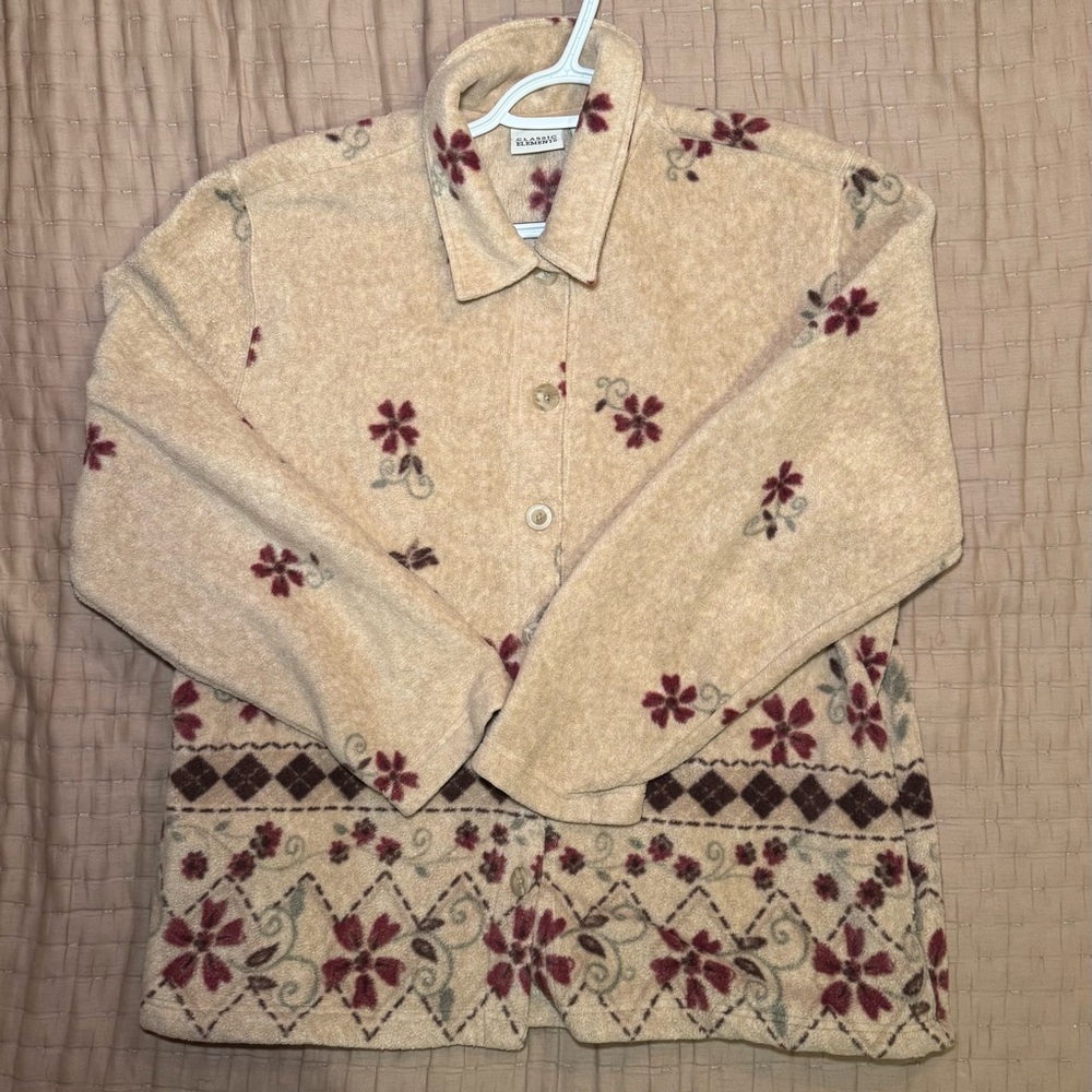 Tan and red floral button-up sweater